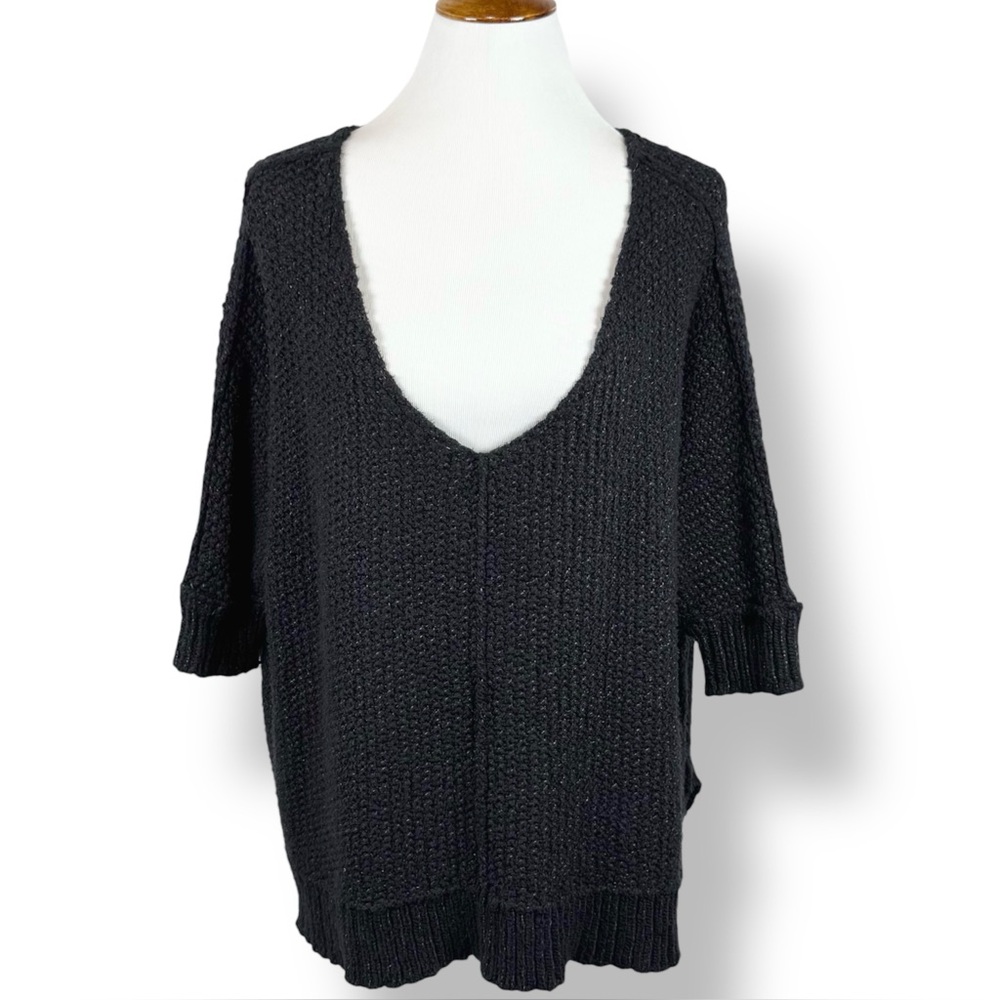 Free People Black Short Sleeve V Neck Relaxed Distressed Knit Sweater Top M